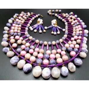 MIMI DI N MASSIVE Purple Beaded Vintage Collar Necklace Earring Set BOOK PIECE!